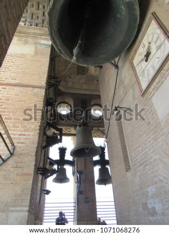 View of the bells in the Giralda bell tower of the Seville Cathedral in Seville, Spain 