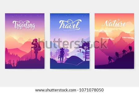 Tourist climb to the top of the mountain. Rest in the national Park with a tent and barbecue. ?limbers with equipment ascend to the peak. silhouette nature of morning and evening rays sun
