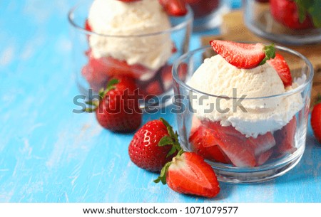 French vanilla ice cream with fresh strawberries, copy space