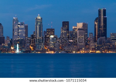 Seattle City Skyline on the waterfront picture taken from Harbor Avenue near Alki in Washington