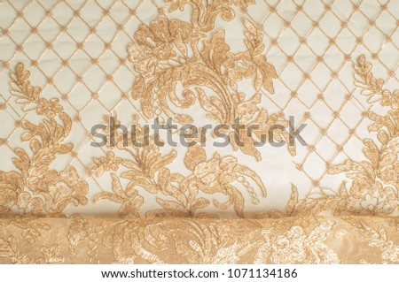 Texture. Drawing. background. lace of gold color with sparkles. Golden Beaded Lace Fabric Flower Embroidered Tulle Double-Sided Toothed Wedding Suit Gold Thread Cord