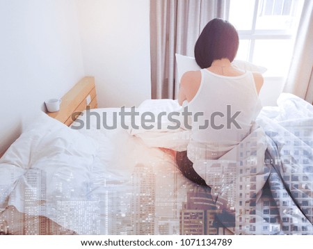 Sleeping woman cover face with blanket flat lay. Close-up of young women, sleeping under white blanket and covering .