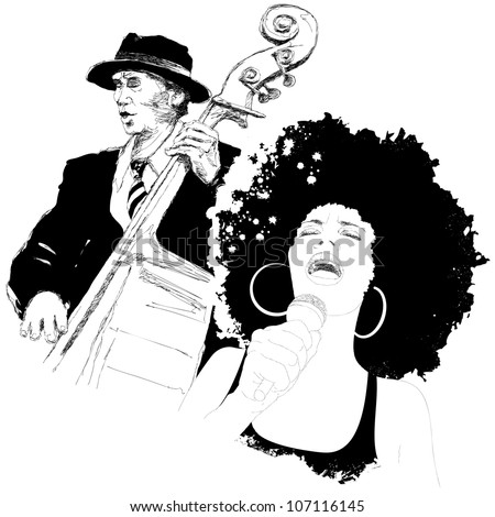 Vector illustration of an afro american jazz singer and a double-bass player