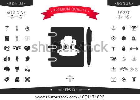 Notebook, address, phone book with symbol of group people and pen icon