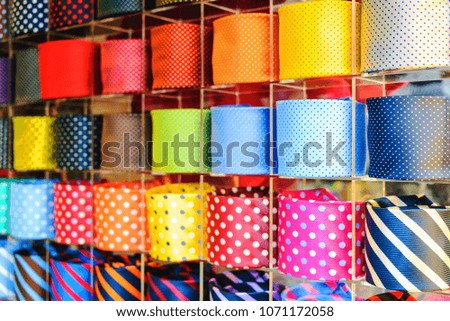 Colorful necktie collection in the men's shop. Close up