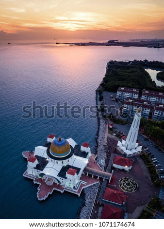 Melaka, Malaysia - An aerial view of the mosque during sunset