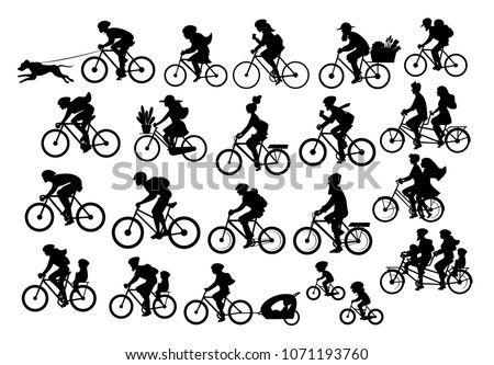  different active people riding bikes silhouettes collection, man woman couples family friends children cycling to office work, travel with backpacks,bicyle trailers, sport, mountain, city drive