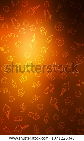 Dark Orange vertical cover with set of confections. Decorative shining illustration with sweets on abstract template. Doodle design for your business advert of cafes.