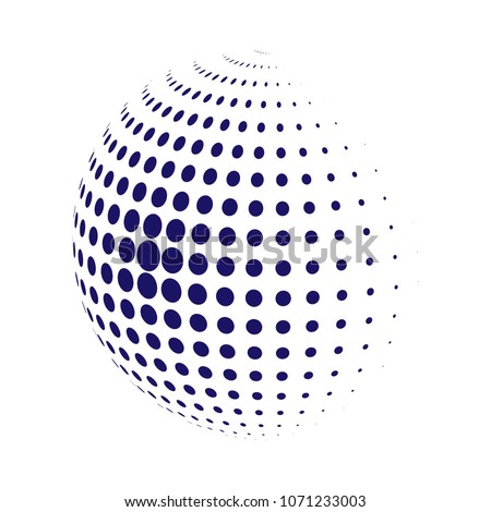 Abstract globe dotted sphere, 3d halftone dot effect. Blue dots in white background. Vector illustration. It can use as logo, icon, banner, business card. Modern minimal covers design.