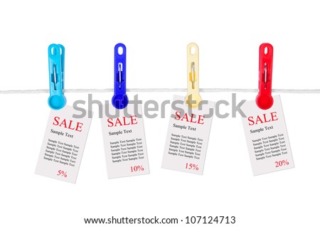 photo of cards on the rope with clothespins. promotional sale.  isolated on white background