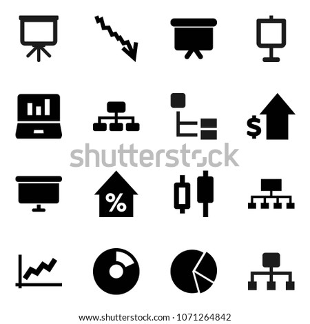 Flat vector icon set - presentation vector, graph, pie, japanese candle, laptop, crisis, percent growth, dollar, board, hierarchy