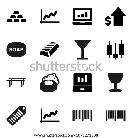 Flat vector icon set - soap vector, graph, gold ingot, japanese candle, laptop, dollar growth, horizontal bar, glass, barcode