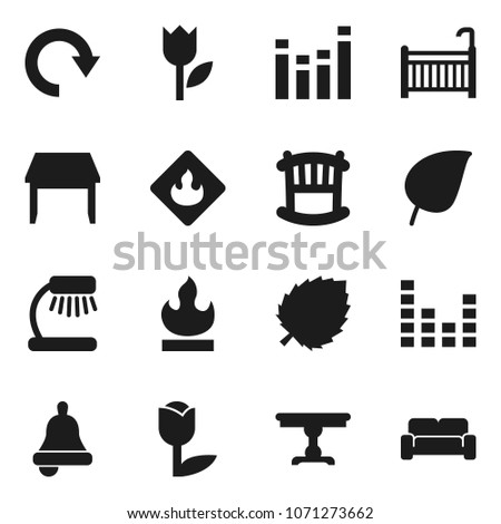 Flat vector icon set - bell vector, table lamp, leaf, tulip, flammable, equalizer, redo, crib, cushioned furniture