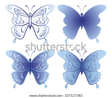 Butterflies with open wings, set, blue monochrome and silhouette, isolated on white background. Vector