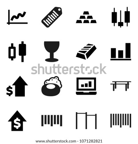 Flat vector icon set - soap vector, graph, gold ingot, japanese candle, laptop, dollar growth, horizontal bar, glass, barcode