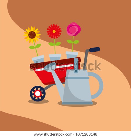 gardening wheelbarrow flowers in pot watering can