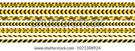 Creative vector illustration of black and yellow police stripe border. Set of danger caution seamless tapes. Art design line of crime places. Abstract concept graphic element. Construction sign. Royalty-Free Stock Photo #1071308924