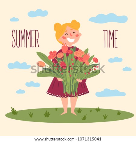 Cute barefoot girl in dress with flowers. Smiling teenage holds bouquet of tulips and spring blossom. Summer time text. Children illustration for books and more. Cartoon character. Summer postcard