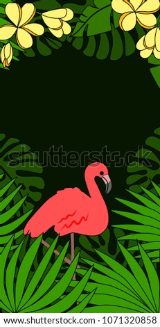 Summer illustration with pink flamingo, tropic palm leaves and flowers on black background
