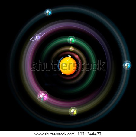 Solar system concept. Egg is symbol for sun, bubbles for planets. Planets with sun in middle. Astronomy at home. Science and educational background. Astronomy picture. Astronomy at home with children