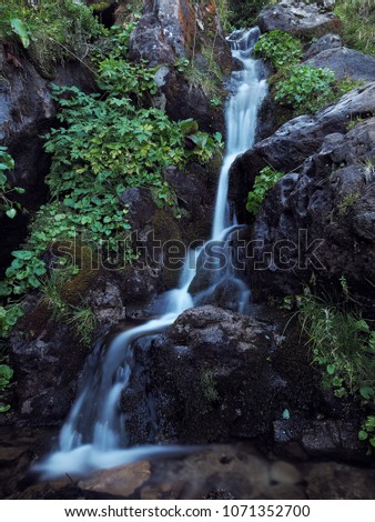 Waterfall at the carpatian mountains at the green rainy pine forest 