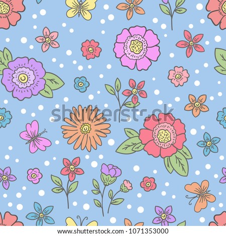 Seamless pattern with flowers, butterfly. Summer hand drawing doodle vector illustration