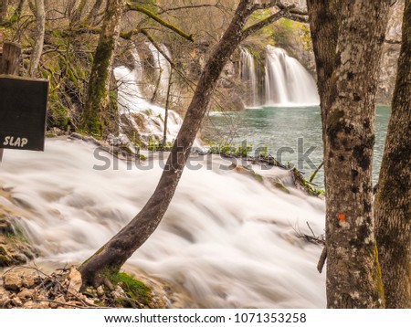 Landscape of Plitvice lakes national park , Large waterfall in Croatia , UNESCO World Heritage