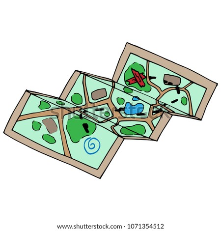 Vector illustration of a cartoon map for treasure hunting. Hand drawn old crumpled map to pirate games.
