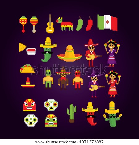 Mexico icon set. Pixel art. Old school computer graphic style. Game assets 8-bit sprite. 8 bit video game. game element.