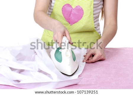 Housewife ironing clothes isolated on white