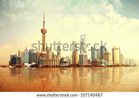 2012 Shanghai skyline, beautiful sunrise and sun.