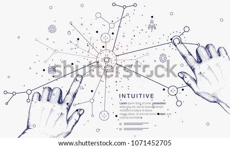 Innovations systems connecting people and robots devices. Future technologies in automatics cyborg systems and computers industry from awesome internet developments. Geometry style with linear pictogr Royalty-Free Stock Photo #1071452705