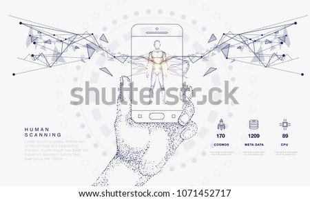 Innovations systems connecting people and robots devices. Future technologies in automatics cyborg systems and computers industry from awesome internet developments. Geometry style with linear pictogr Royalty-Free Stock Photo #1071452717