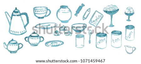 Watercolor blue coffee and dessert objects set