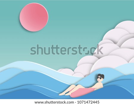 men floating on  beautiful sea background  paper cut style .candy color vector style.
