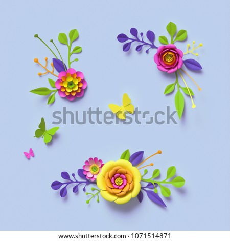 3d render, craft paper flowers, festive floral bouquet, botanical arrangement, bright candy colors, nature clip art isolated on sky blue background, decorative embellishment