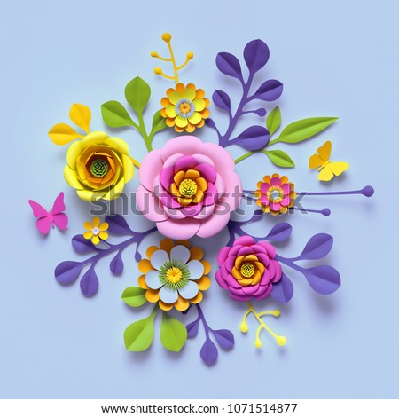 3d render, craft paper flowers, festive floral bouquet, botanical arrangement, bright candy colors, nature clip art isolated on sky blue background, decorative embellishment
