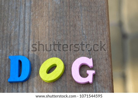 Multicolor letters on a dark blue wooden  background. The word "dog" from colorful wooden letters on a table.