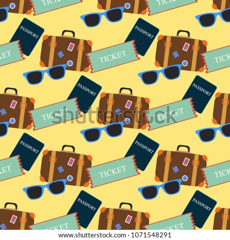 Vacation pattern, Seamless vector illustration with luggage, passport, ticket and glasses
