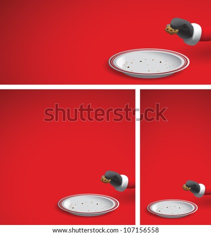 Realistic cartoon illustration of a Christmas background showing Santa Claus reaching into the frame and taking a chocolate chip cookie, leaving an empty plate of cookie crumbs. Plenty of copy space.
