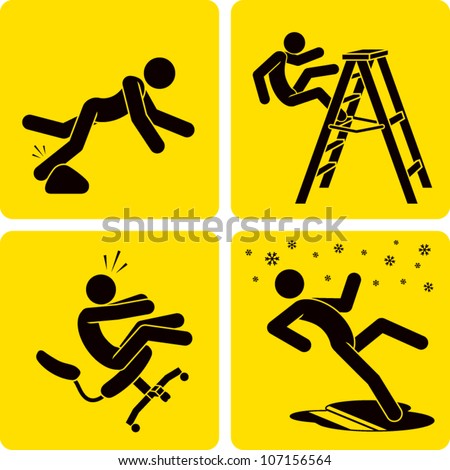 Clip art illustration styled like universal signs showing a stick figure man suffering various forms of trips, slips, and falls.
