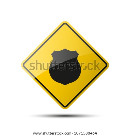 yellow diamond road sign with a black border and an image shield on white background Illustration