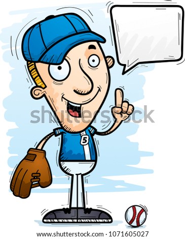 A cartoon illustration of a man baseball player talking.