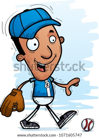 A cartoon illustration of a black man baseball player walking.