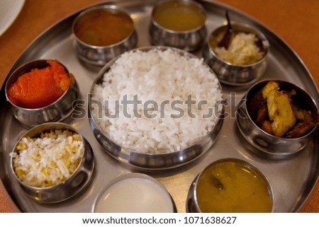  Indian food. Traditional Indian cuisine: dal, chapatis, nan, curry vegetables.