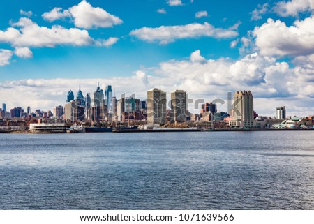 Philadelphia skyline from across the Delaware River in early spring