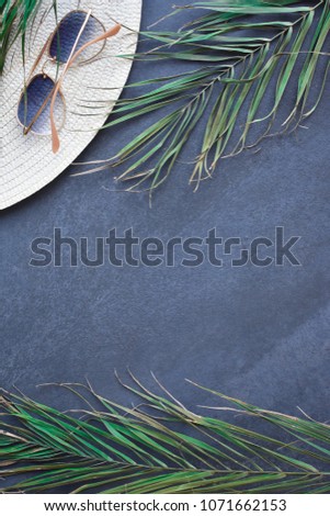Nature Tropical Leaf Beach Hat Sunglasses Top View Copy Space Flat Lay