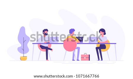 Coworking space with creative people sitting at the table. Business team working together at the big desk using laptops. Flat design style vector illustration.
 Royalty-Free Stock Photo #1071667766
