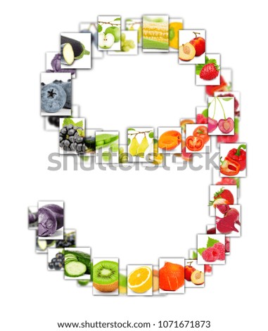 Photo of rainbow colorful abstract mix rectangles in a letter A shape with fruit and vegetable isolated on white background