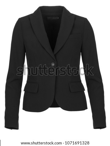 Black formal women's blazer, front view, photographed on ghost mannequin on white background. Royalty-Free Stock Photo #1071691328